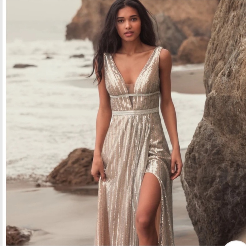 Mac Duggal Champagne Sequin V-Neck Gown with Thigh Slit